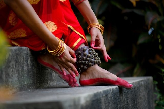 Indian classical dancer feet with ghungroos